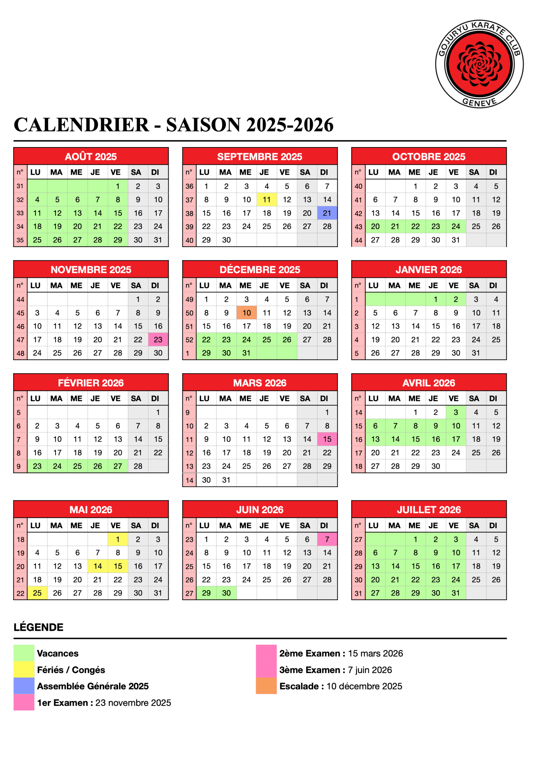 Calendrier GKC - saison 2025-2026 Calendrier GKC - saison 2024-2025